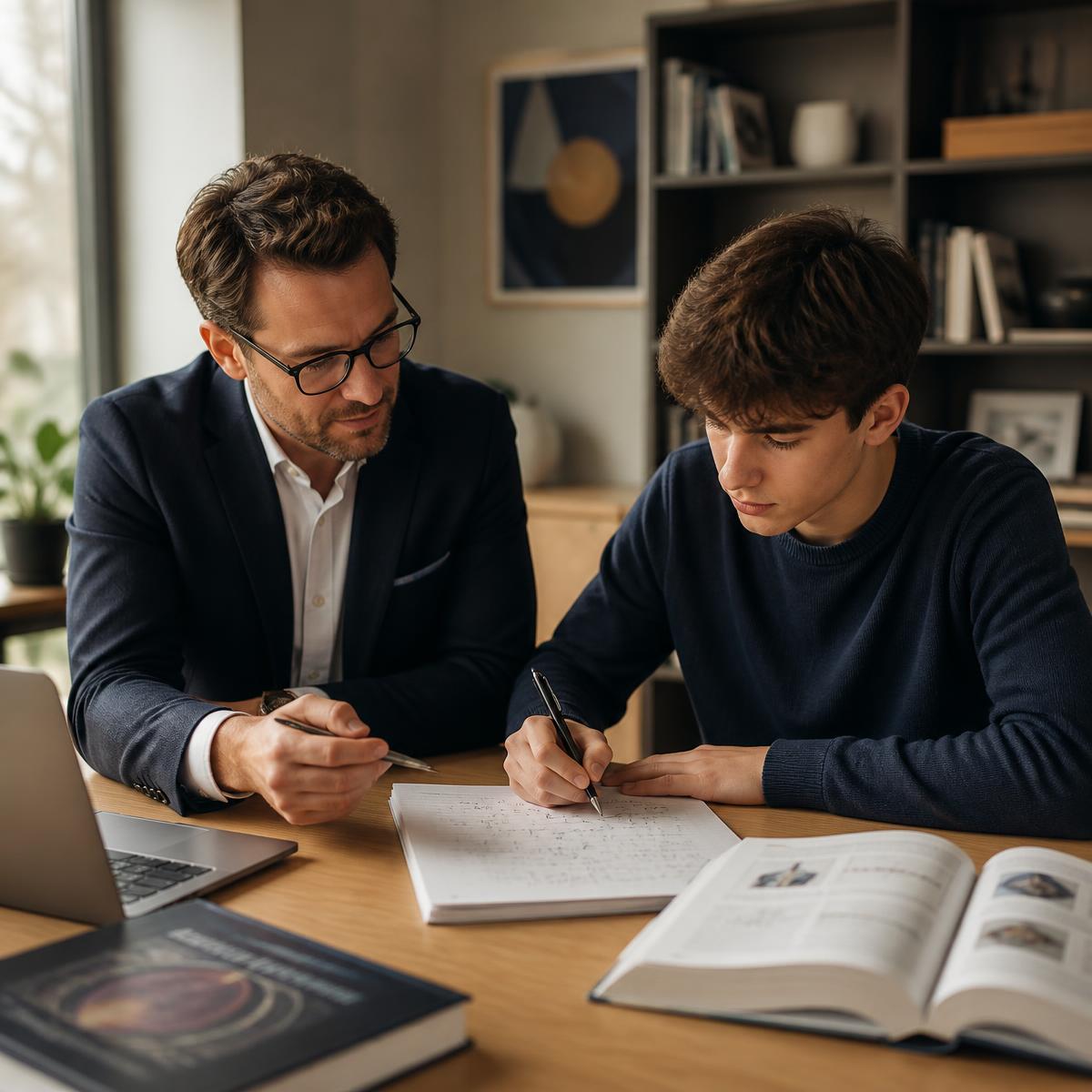 Experienced tutor guiding a student through advanced mathematics in a modern study space